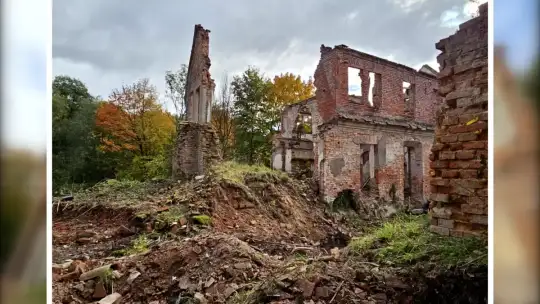 Ruiny pałacu w Juchowie: prace zabezpieczające postępują mimo większych niż zakładano zniszczeń — powiat z blisko 1 mln zł i 100 tys. od wojewody przygotowuje obiekt pod turystykę