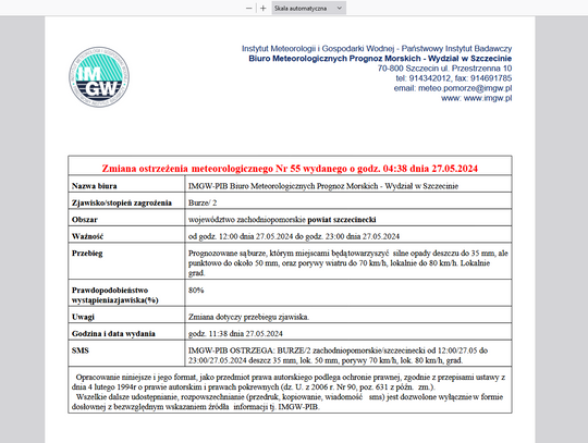 Ostrzeżenie meteorologiczne - będzie padało i grzmialo.