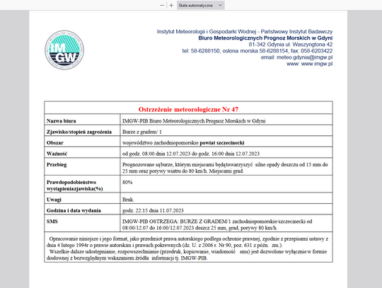 Ostrzeżenie meteorologiczne - przewidywane są gwałtowne burze