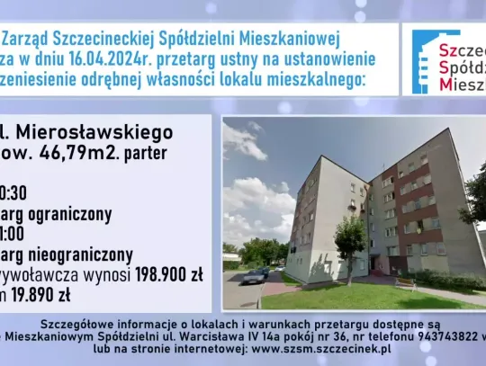Szczecinecka Spóldzielnia Mieszkaniowa oferuje do sprzedaży mieszkania.