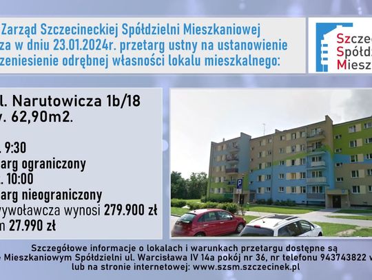 Szczecinecka Spóldzielnia Mieszkaniowa ogłasza przetarg na mieszkanie