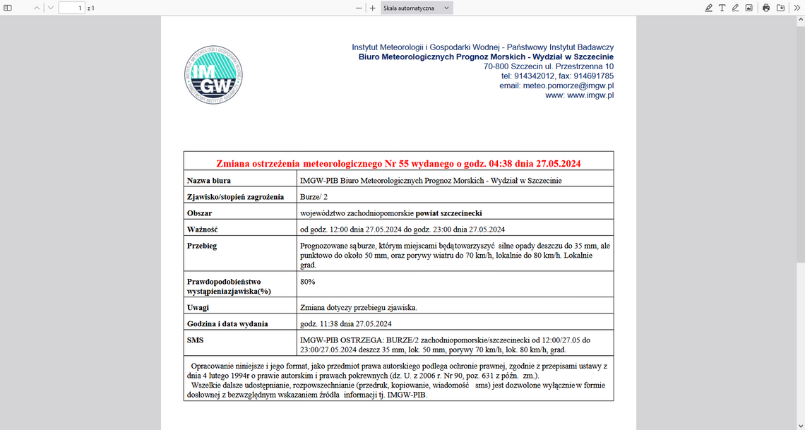 Ostrzeżenie meteorologiczne - będzie padało i grzmialo.